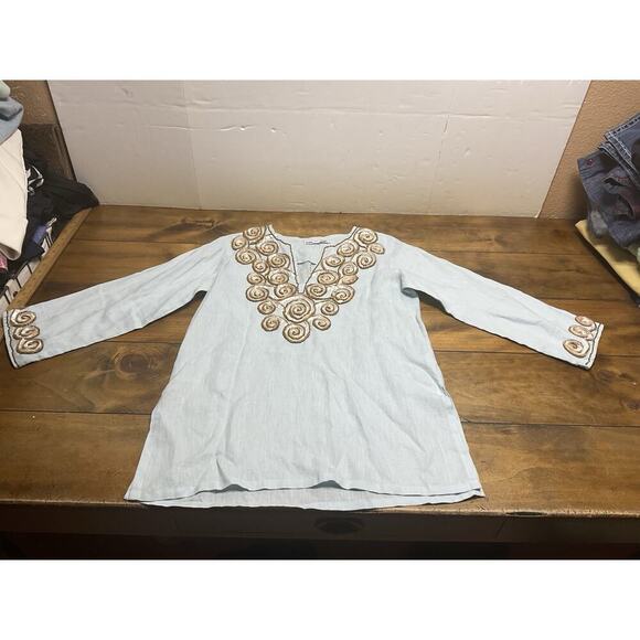 Barbara Gerwit Blue Linen Embroidery Tunic Top Blouse Cover Up Medium - Picture 1 of 14